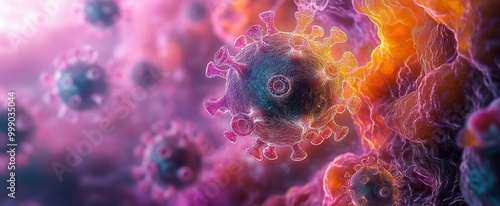 dynamic visualization of the omicron variant spreads through vibrant colors and abstract shapes illustrating the concept of viruses in an artistic and thoughtprovoking manner photo