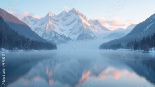 Wallpaper Mural Generative AI, 
a mountain range is reflected in a lake surrounded by snow covered mountains and evergreen trees in the foreground, mountains, a matte painting, minimalism Torontodigital.ca