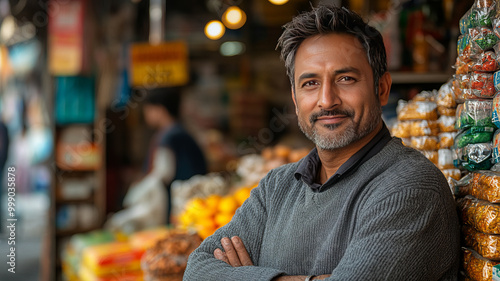 Portrait of Indian male small Kirana or grocery shop owner sitting at cash counter, looking happily at camera