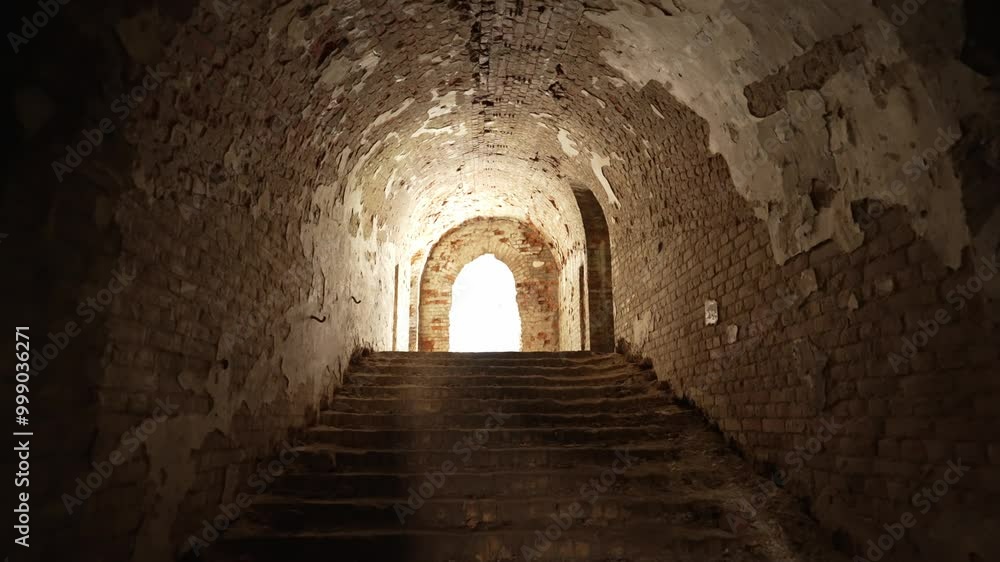 Atmospheric brick arch with stairs in ruins. Concept of ancient building. Atmospheric brick arch with stairs in ruins. Concept of ancient building.