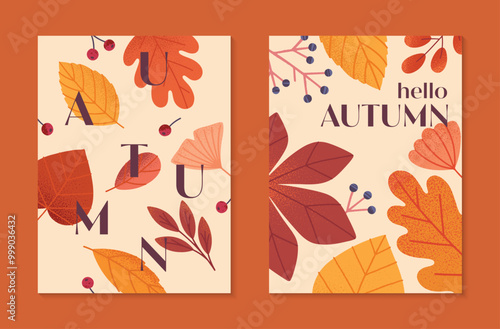 Autumn seasonal posters with leaves,ginkgo,berries and plants in fall colors.Vector modern illustrations.Trendy autumn templates for prints,ad,social media marketing,branding,packaging,covers.