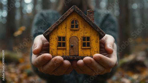 Hands holding a small wooden house photo