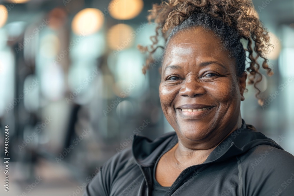 Smiling portrait of a slightly overweight African American woman in gym Smiling portrait of a slightly overweight African American woman in gym