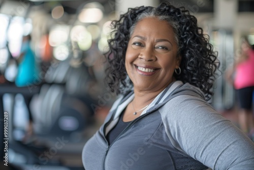 Smiling portrait of a slightly overweight African American woman in gym