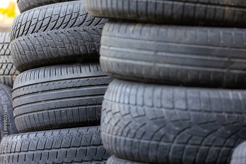 Stack of old, worn and damaged tires lying in a landfill. Decreased road safety and environmental pollution from rubber waste