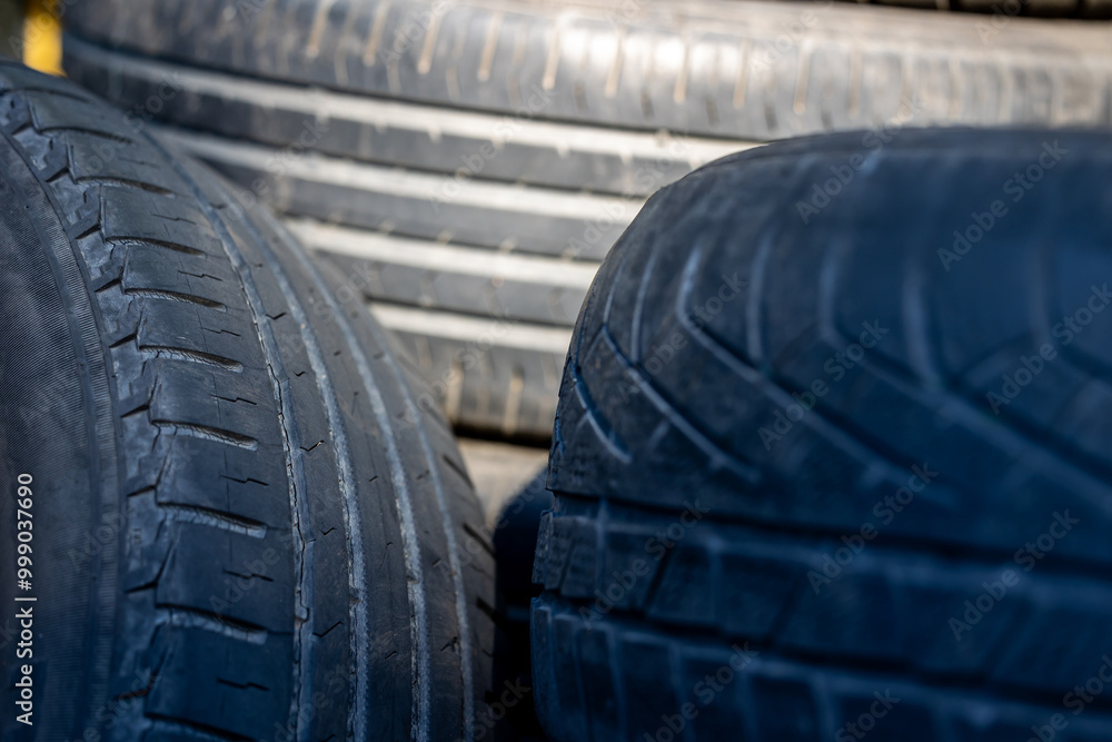 Worn and damaged tread of old tires lying in a landfill. Decreased road safety and environmental pollution from rubber waste