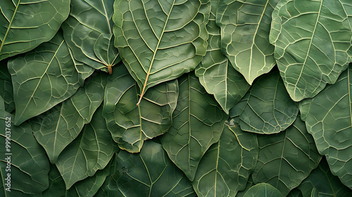 A lush green background of overlapping leaves with intricate veins, perfect for nature or botanical themes.