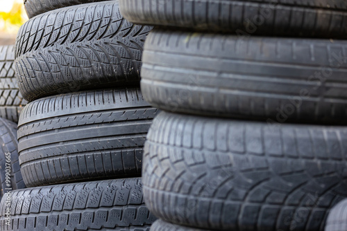 Obraz na płótnie Stack of old, worn and damaged tires lying in a landfill. Decreased road safety and environmental pollution from rubber waste w salonie