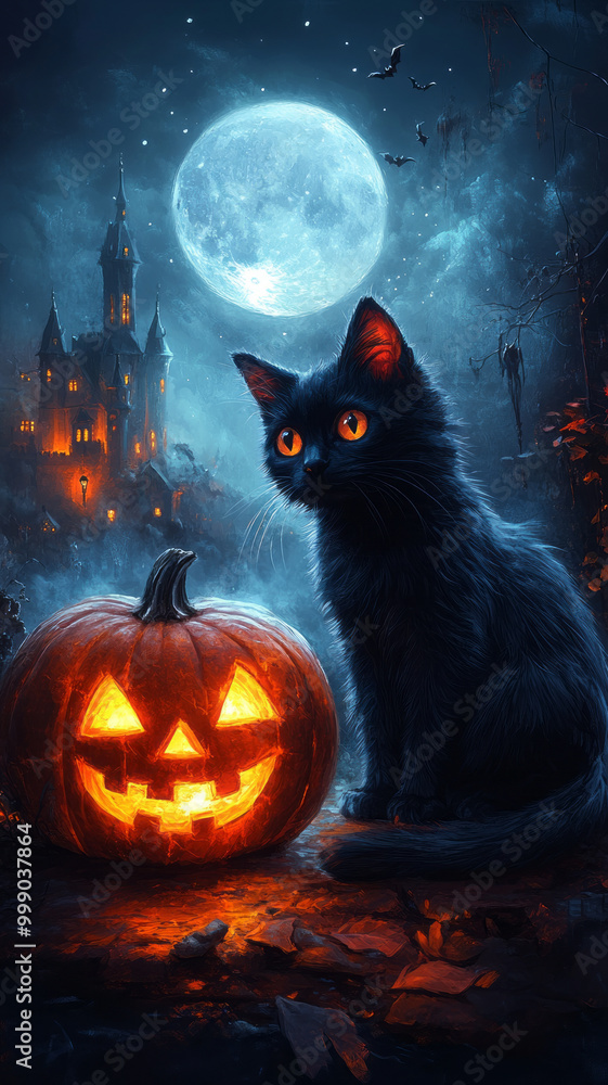 A spooky Halloween scene with a glowing carved pumpkin, a black cat with piercing eyes sitting next to it, and a haunted castle in the background under a full moon. A spooky Halloween scene with a glowing carved pumpkin, a black cat with piercing eyes sitting next to it, and a haunted castle in the background under a full moon.