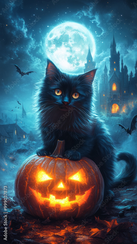 A spooky Halloween scene with a glowing carved pumpkin, a black cat with piercing eyes sitting next to it, and a haunted castle in the background under a full moon. A spooky Halloween scene with a glowing carved pumpkin, a black cat with piercing eyes sitting next to it, and a haunted castle in the background under a full moon.