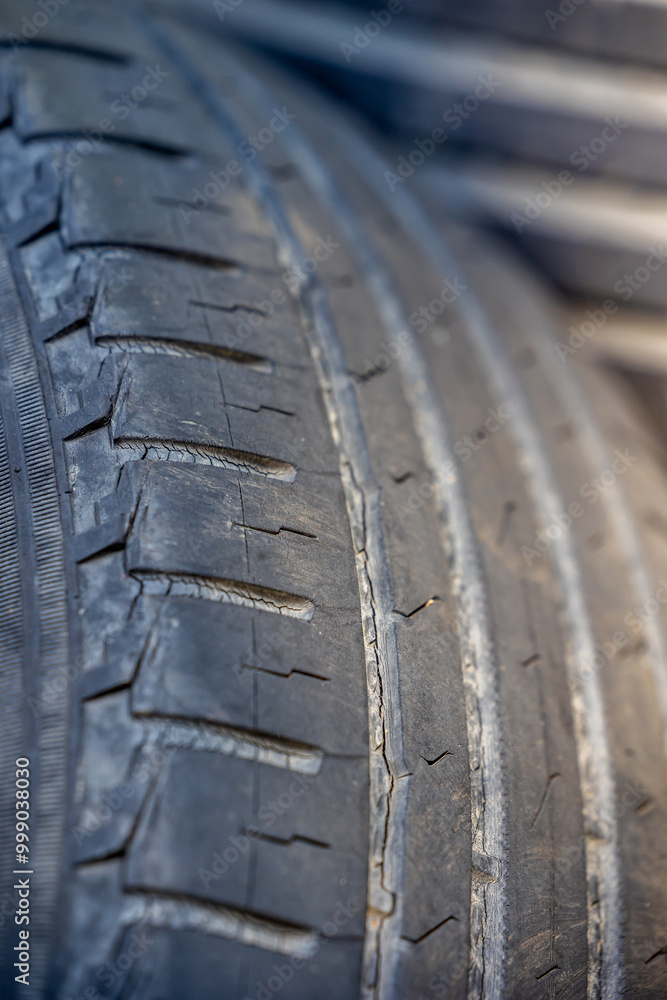 Worn and damaged tread of old tires lying in a landfill. Decreased road safety and environmental pollution from rubber waste