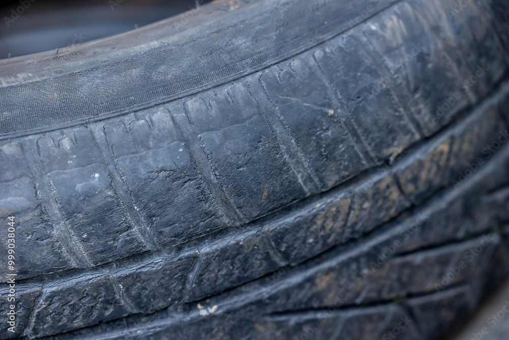 Worn and damaged tread of old tires lying in a landfill. Decreased road safety and environmental pollution from rubber waste