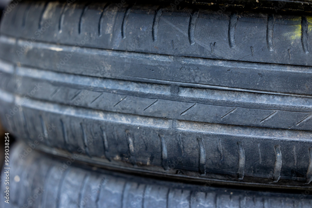 Worn and damaged tread of old tires lying in a landfill. Decreased road safety and environmental pollution from rubber waste