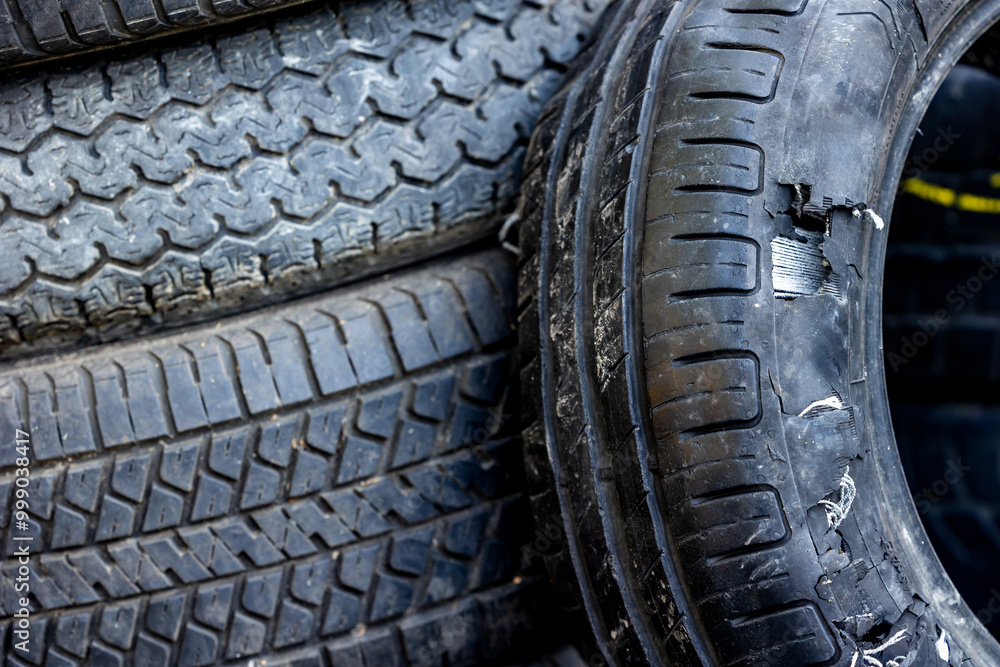 An old blown out car tire in a used tire landfill. Old tires polluting the environment