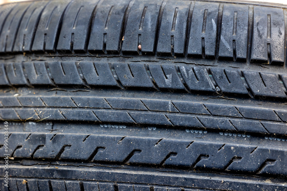 Worn and damaged tread of old tires lying in a landfill. Decreased road safety and environmental pollution from rubber waste