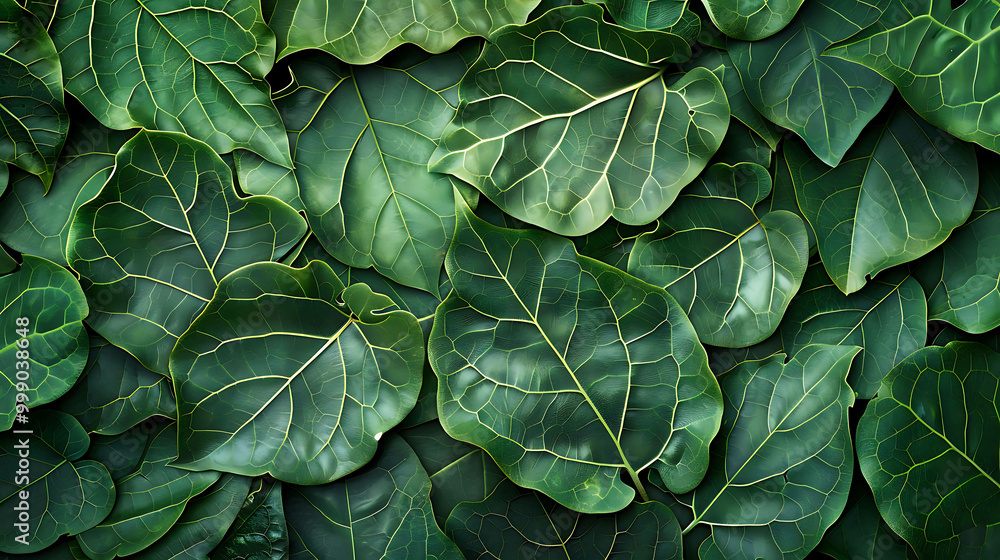 Fototapeta premium Green leaves with visible veins create a natural and fresh backdrop.