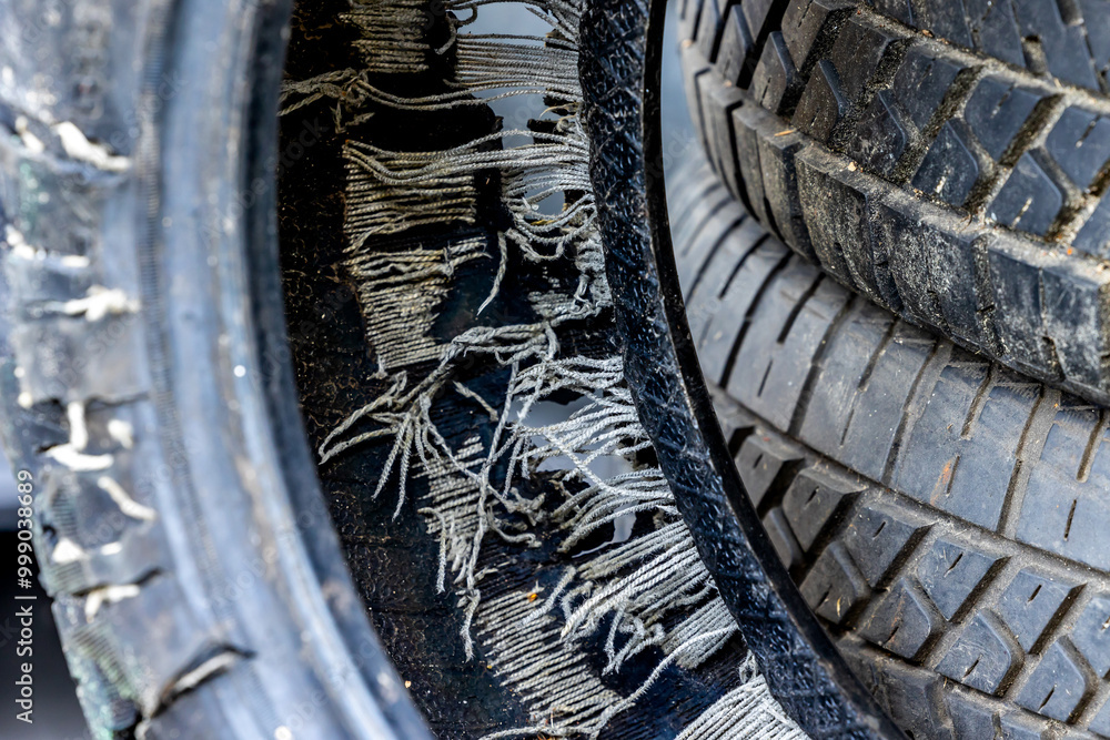 An old blown out car tire in a used tire landfill. Old tires polluting the environment