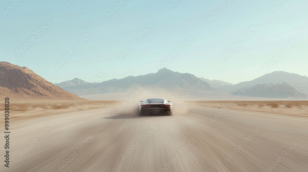 An exhilarating perspective of a sports car on a straight desert highway, kicking up dust as it accelerates, framed by expansive sand dunes and distant mountains, highlighting the An exhilarating perspective of a sports car on a straight desert highway, kicking up dust as it accelerates, framed by expansive sand dunes and distant mountains, highlighting the