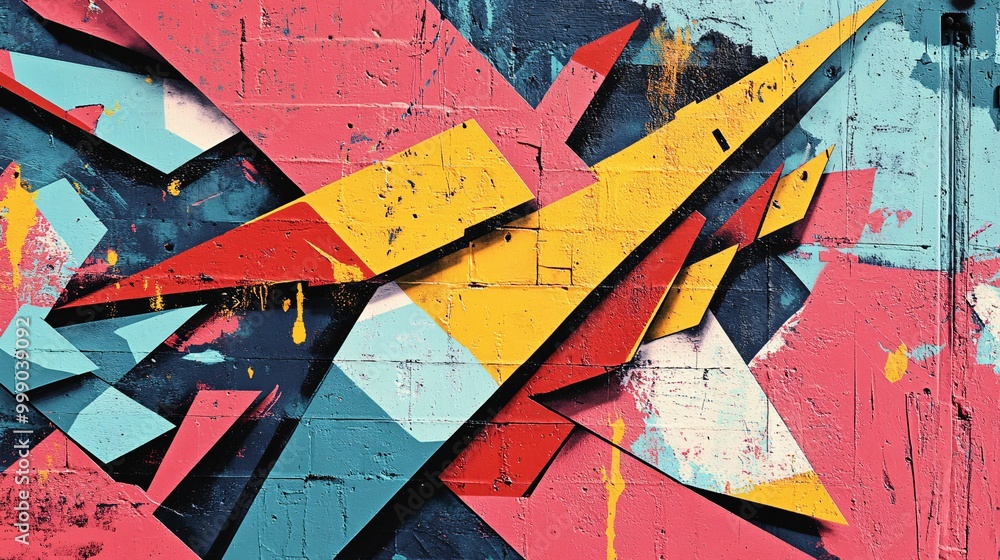 Naklejka premium Abstract Geometric Graffiti on Brick Wall with Red, Yellow, Blue, and Black Paint
