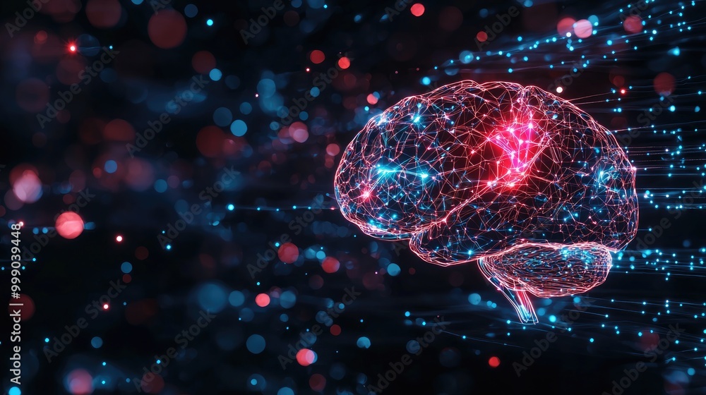 Futuristic digital brain with glowing particles on a dark background. Futuristic digital brain with glowing particles on a dark background.