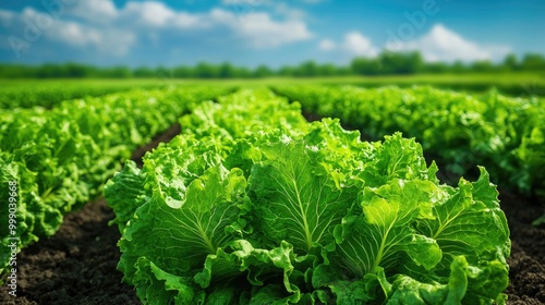 Lush green lettuce field under a bright blue sky with clouds.