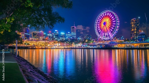 Brisbane Riverfront Night Lights Ferris Wheel Skyline.