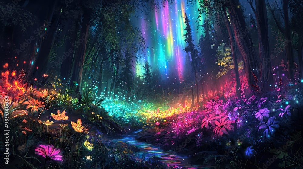 Magical forest at night with glowing flowers and a rainbow aurora borealis. Magical forest at night with glowing flowers and a rainbow aurora borealis.