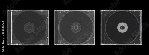 Photography set of three isolated mockup of old music CD disc jewel case with black cover la