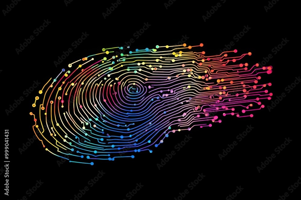 A digital fingerprint with colorful circuit lines on a black background, --chaos 10 --ar 3:2 --v 6.1 Job ID: 6a6764cf-67c4-4ff2-b930-0cc0b04b3e51