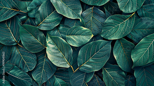 A close-up of lush, green leaves with visible veins.