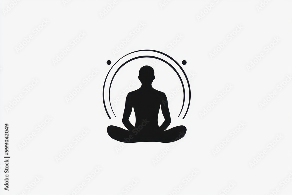 A minimalist silhouette of a person meditating in a seated position, surrounded by a circular design that symbolizes tranquility and balance