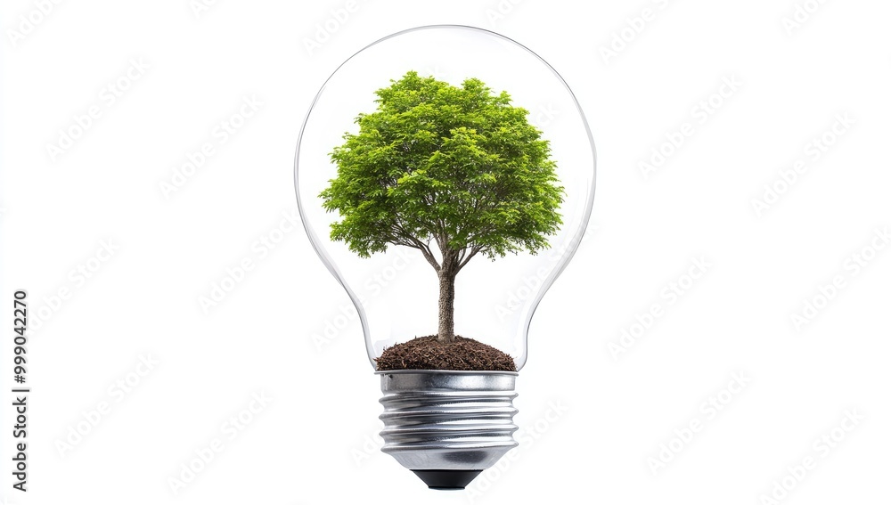 A small green tree grows inside a light bulb on a white background. A small green tree grows inside a light bulb on a white background.