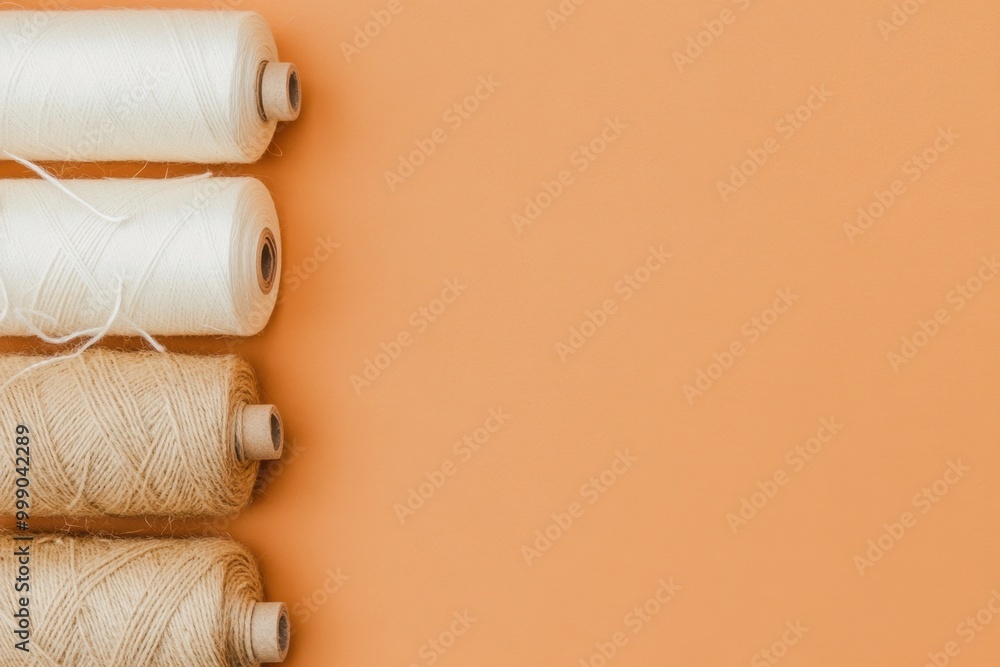 Obraz premium Four spools of thread in neutral colors on an orange background