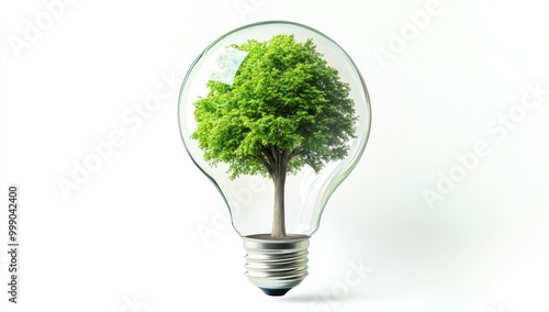 A green tree growing inside a clear light bulb, symbolizing a sustainable and eco-friendly approach.