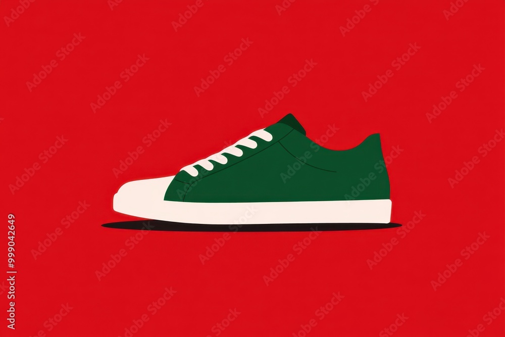 A minimalist illustration of a green sneaker with white laces and a white sole, set against a vibrant red background. The design emphasizes simplicity and modern aesthetics A minimalist illustration of a green sneaker with white laces and a white sole, set against a vibrant red background. The design emphasizes simplicity and modern aesthetics