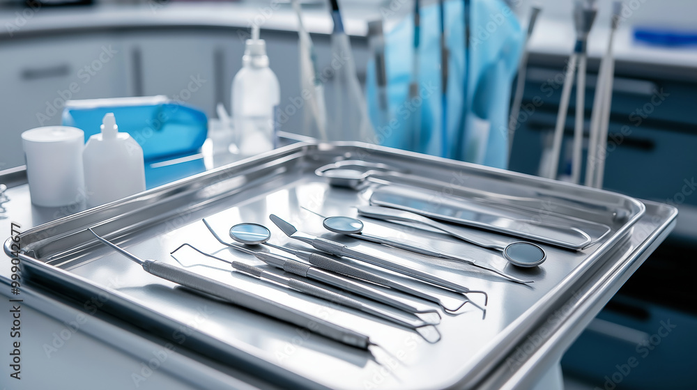 Sterilized dental tools on a metal tray in a modern clinic, ready for use, dental hygiene concept Sterilized dental tools on a metal tray in a modern clinic, ready for use, dental hygiene concept