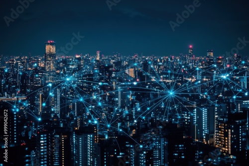 Wallpaper Mural Futuristic Cityscape at Dusk with Glowing Digital Nodes and Network Connections Overlaying Buildings, Representing Advanced Technology and Connectivity. Torontodigital.ca