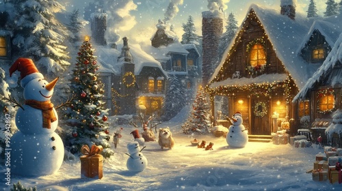 A Snowy Christmas Village with Snowmen and a Decorated Christmas Tree