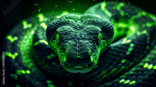 A green snake with neon green eyes
