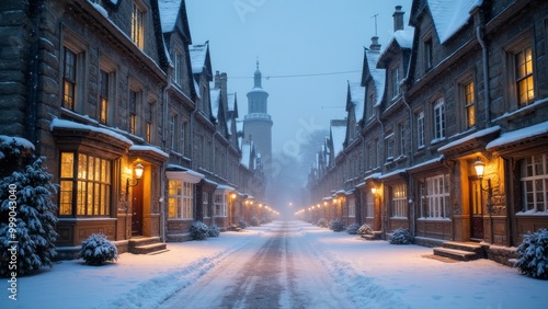 Generative AI, a snowy street with a church in the background and a light pole in the foreground with a clock tower in the distance, winter, a matte painting, heidelberg school 