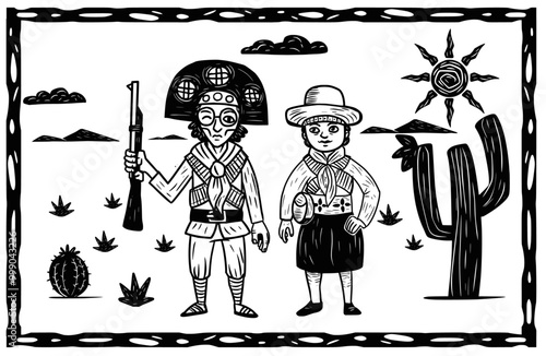 Lampião e Maria Bonita. Traditional leather clothing, cowboys from northeastern Brazil. Woodcut style. Cangaço