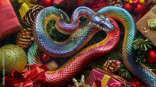 A colorful snake crawls over Christmas presents