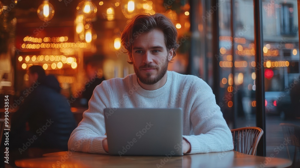 Man working on a laptop in a cozy cafe with bokeh lights. Represents remote work, modern lifestyle, creativity, and productivity in a warm and inspiring atmosphere Man working on a laptop in a cozy cafe with bokeh lights. Represents remote work, modern lifestyle, creativity, and productivity in a warm and inspiring atmosphere