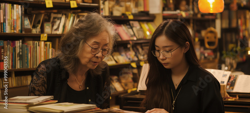 Elderly woman, young woman reading books together in cozy bookstore, warm lighting, learning concept