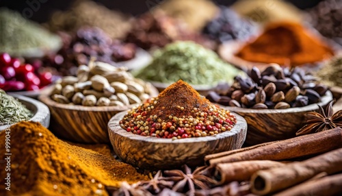 Fototapeta Naklejka Na Ścianę i Meble -  Exotic spice markets with depth of field featuring an array of spices and rich textures