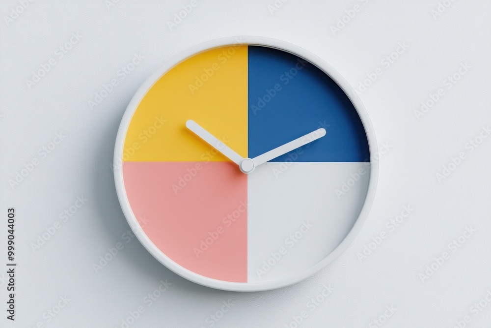 A minimalist multicolour wall clock icon on a white background. A minimalist multicolour wall clock icon on a white background.