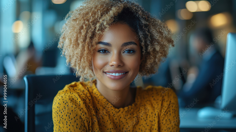 Smiling woman with blonde curly hair in a modern office, wearing a yellow sweater, represents confidence, professionalism, positivity, and diversity for business branding and workplace inclusivity Smiling woman with blonde curly hair in a modern office, wearing a yellow sweater, represents confidence, professionalism, positivity, and diversity for business branding and workplace inclusivity