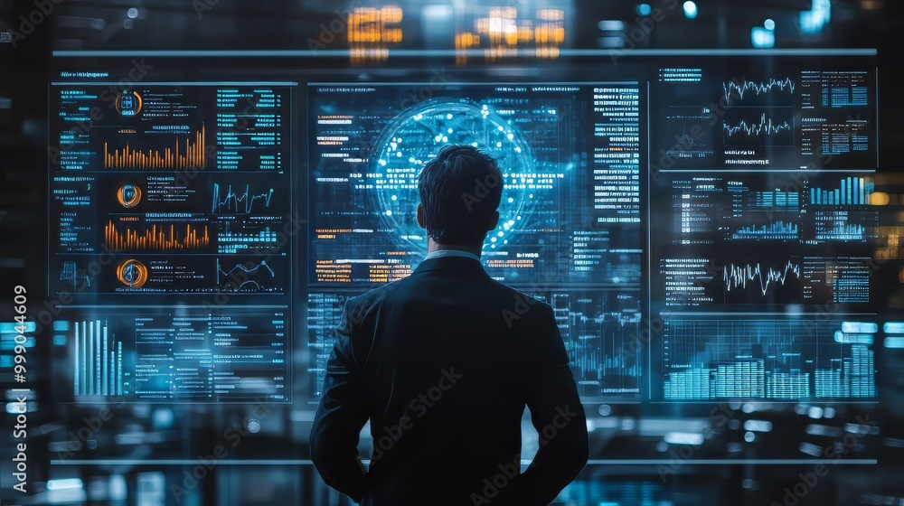 Businessman or data analyst analyzing business growth statistics on a virtual screen, utilizing a graph display for insights into growth strategy and sales marketing data. Ultra realistic. Businessman or data analyst analyzing business growth statistics on a virtual screen, utilizing a graph display for insights into growth strategy and sales marketing data. Ultra realistic.