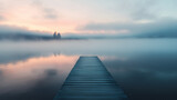 Minimalistyczny, prostokątny pomost na tle wschodzącego słońca, otoczony delikatną mgiełką unoszącą się nad spokojną taflą jeziora. 