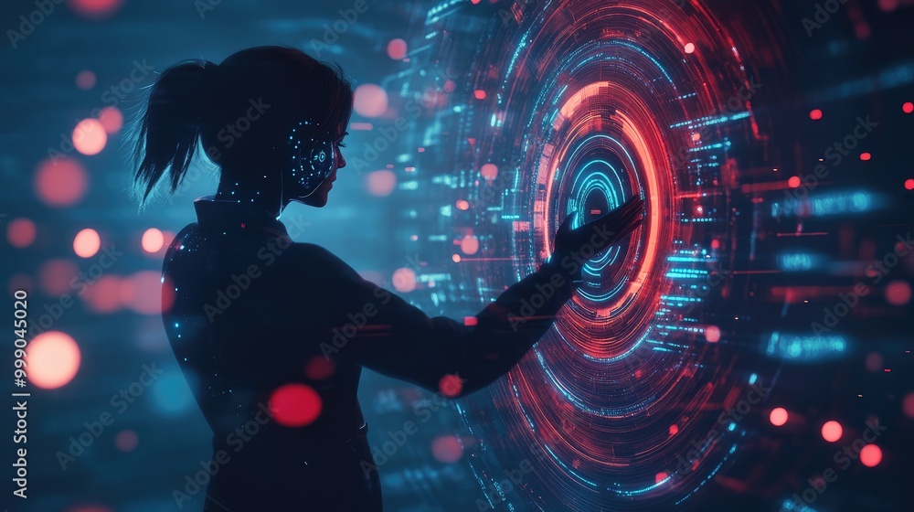 Silhouette of a woman interacting with a futuristic holographic interface. Silhouette of a woman interacting with a futuristic holographic interface.